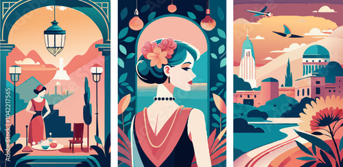 Elegant vintage travel poster with mediterranean cityscape and stylish woman