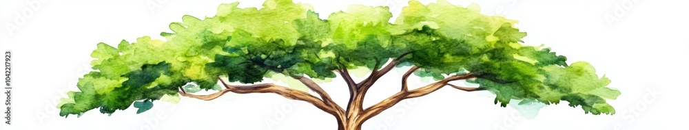 Fototapeta premium Lush green tree with broad canopy, hand-painted in watercolor style