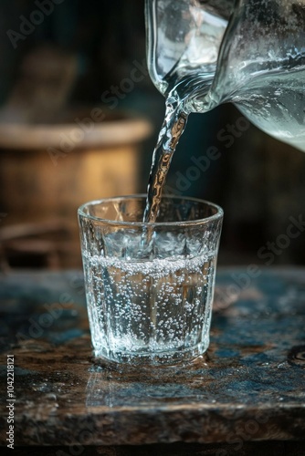 Pouring sparkling water into a glass on a rustic wooden table in a cozy setting