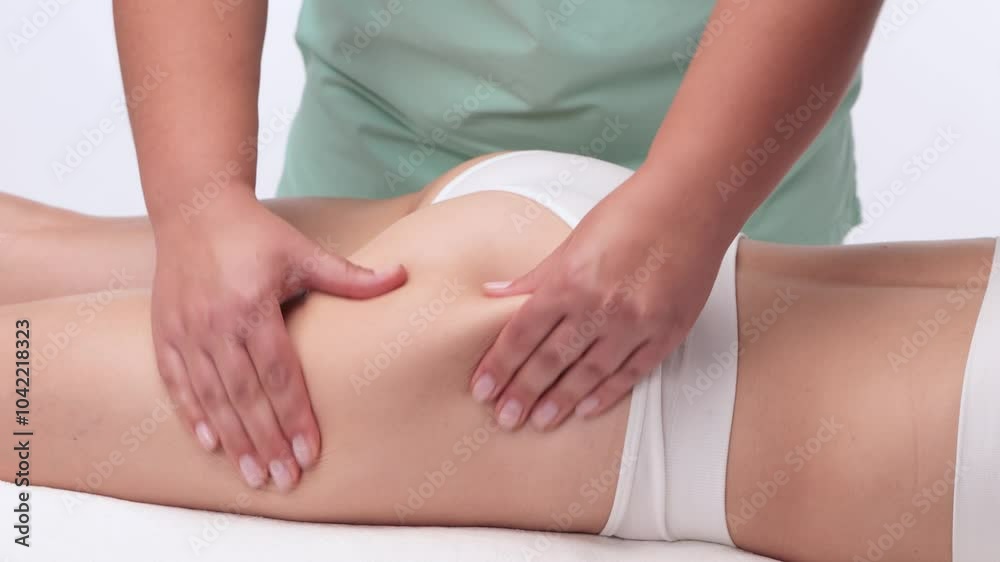 The masseur makes a massage on the abdomen, waist and hips in the spa. Overweight treatment, body sculpture. The concept of cosmetology and massage.