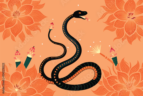 A black snake with orange stripes, coiled, surrounded by orange lotus flowers and fir trees.