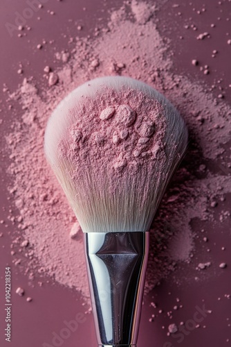 A close up view of a makeup brush resting on pink powder on a textured surfac...
