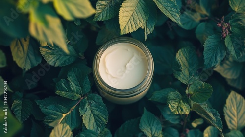 Natural skincare product placed among vibrant green leaves in a tranquil outd...