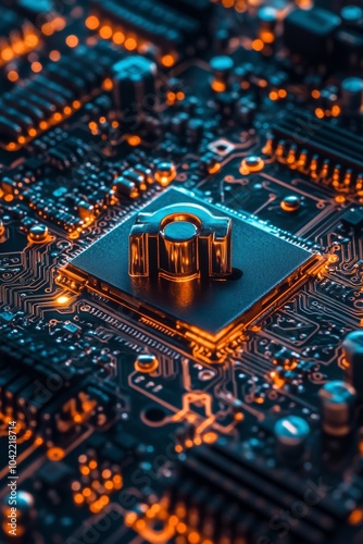A golden padlock rests on a microchip board at a high tech facility demonstra...