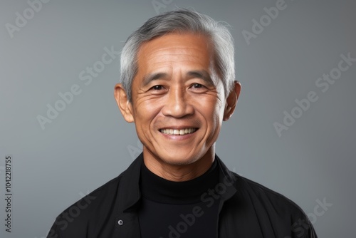 Portrait of a happy senior asian man smiling over grey background