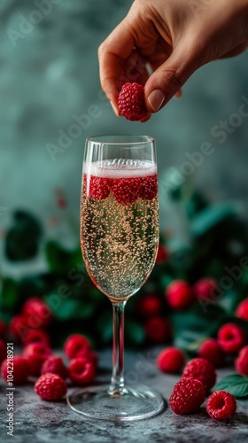 A hand placing fresh raspberries into a sparkling drink on a vibrant green ba...