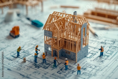 Construction workers assembling a miniature building model on a detailed arch...