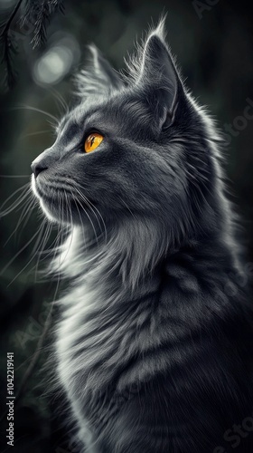 A majestic gray cat with striking orange eyes gazes into the distance on a qu...