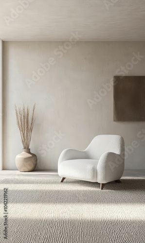 White chair, beige rug, minimalist room.