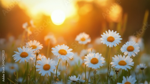 Bright daisies blooming in a field during a stunning sunset on a warm evening