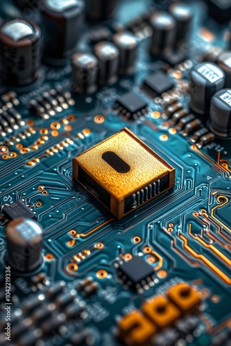 A golden padlock rests on a microchip board at a high tech facility demonstra...