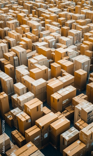 Many cardboard boxes stacked high in warehouse.