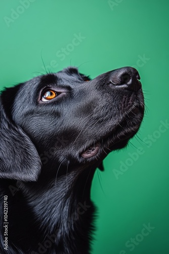 A black dog gazes thoughtfully in profile against a vibrant green background ...