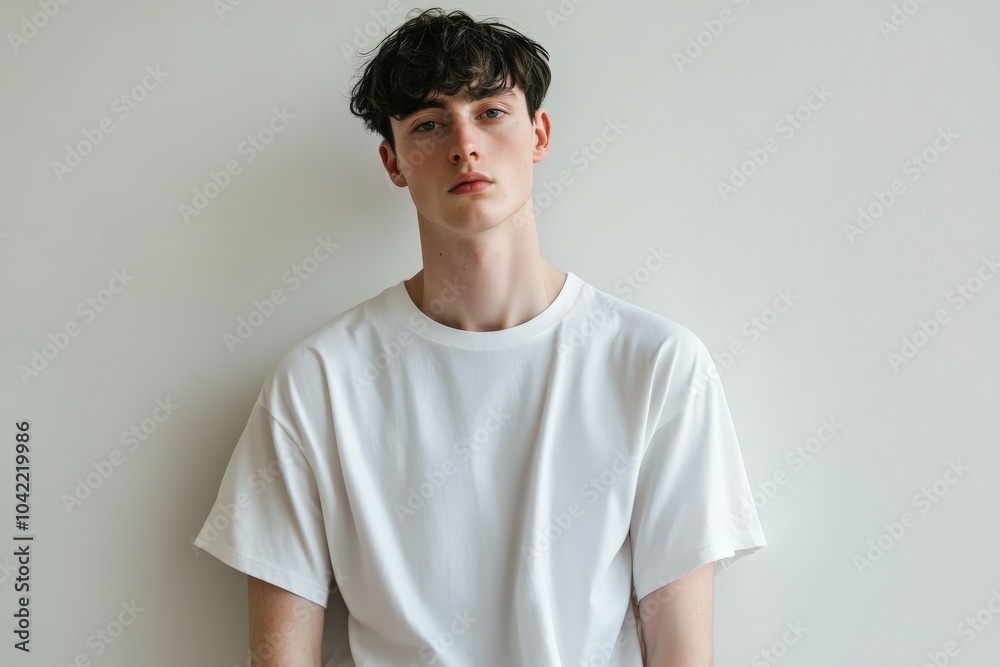 A young man wears an oversized t-shirt against a neutral wall backdrop A young man wears an oversized t-shirt against a neutral wall backdrop