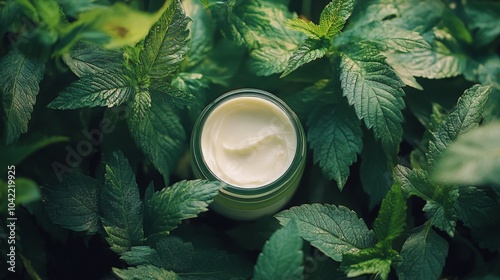 Natural skincare product placed among vibrant green leaves in a tranquil outd...