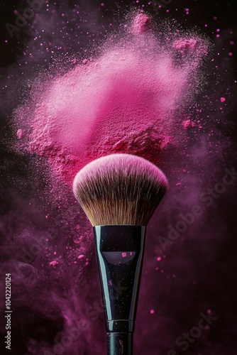A close up view of a makeup brush resting on pink powder on a textured surfac...