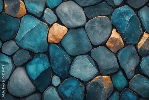 Colorful collection of blue and gold stones arranged artfully on a dark backg...