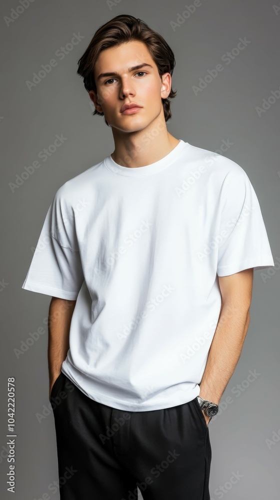 Obraz premium Stylish individual in oversized white t-shirt and black pants indoors