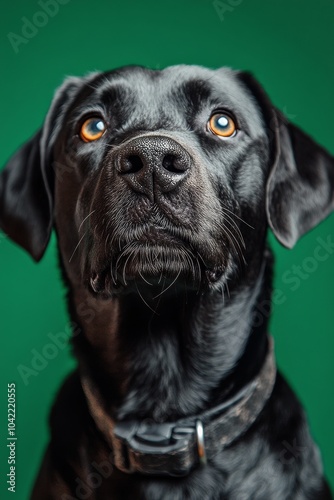 A black dog gazes thoughtfully in profile against a vibrant green background ...