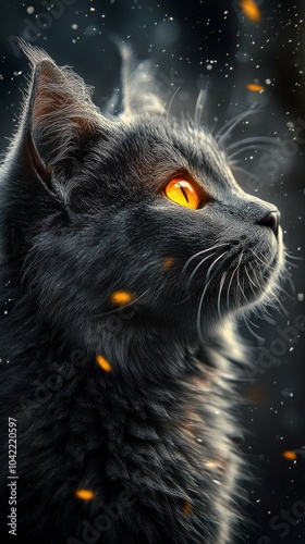 A majestic gray cat with striking orange eyes gazes into the distance on a qu...