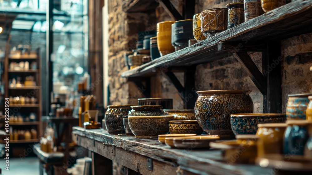 Artisan Pottery Display on Rustic Wooden Shelves Artisan Pottery Display on Rustic Wooden Shelves