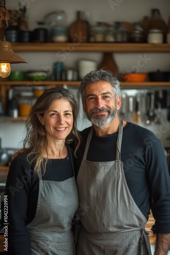 Happy couple in aprons posing together in a cozy kitchen during afternoon light