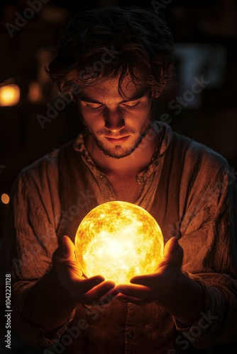 A young man holding a glowing orb in a dimly lit environment at nighttime