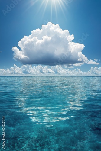 A tranquil view of blue ocean waters under a large white cloud on a clear sun...