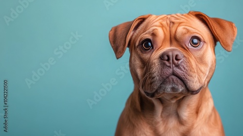 A bronze dog with bright eyes posing against a vibrant blue background in a s...