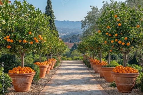 Lush walkway with orange trees in terracotta pots during sunny daytime at a s...