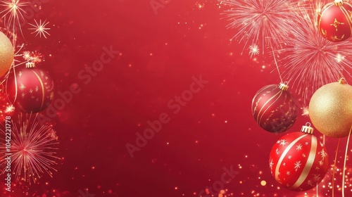 Festive Christmas Ornaments and Fireworks on Red Background Celebration