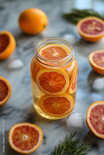Freshly squeezed orange juice in a glass jar surrounded by orange slices and ...