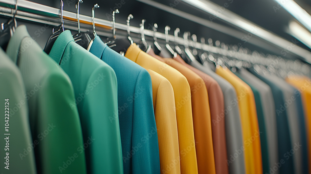 custom made wallpaper toronto digitalColorful jackets neatly hung on a rack, showcasing a variety of vibrant hues, creating an organized and appealing display in a fashion store setting.