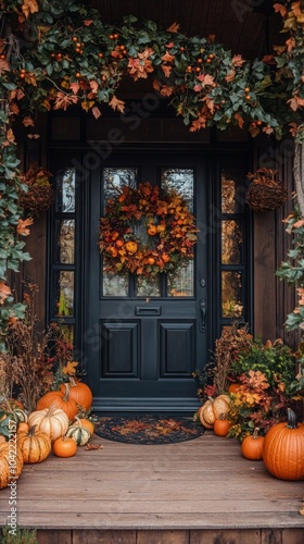 A warm autumn entrance with a decorated door, pumpkins, and falling leaves in...
