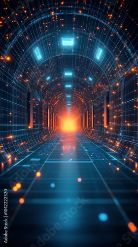 A glowing blue tunnel with archways illuminated by neon lights creates a surr...