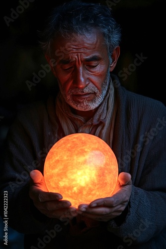 A young man holding a glowing orb in a dimly lit environment at nighttime