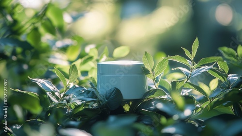 Natural skincare product placed among vibrant green leaves in a tranquil outd...