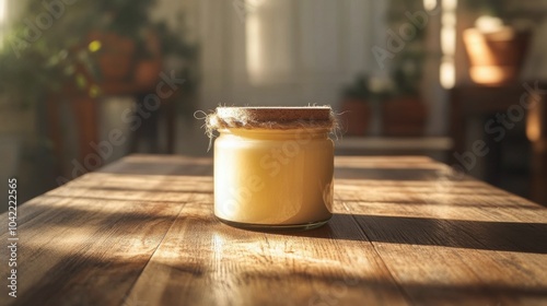 Whipped cream in a glass jar on an aged wooden table