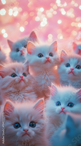Group of fluffy kittens gazing upwards among colorful bubbles in a soft light...
