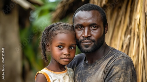 A father and daughter share a tender moment in their rural village during the...