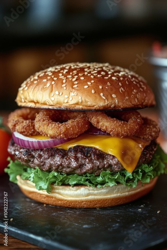 Delicious cheeseburger with onion rings, fresh lettuce, and tomato served on ...