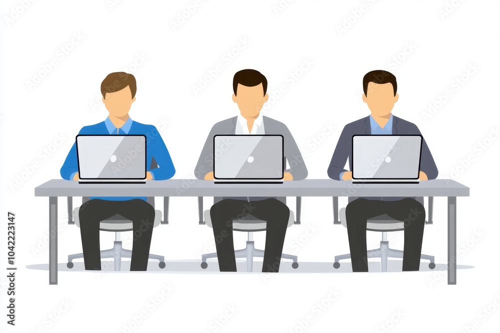 Three people sitting at a table in an office illustration with a white background working on laptops, a team of three businesspeople using computers for work Generative AI Three people sitting at a table in an office illustration with a white background working on laptops, a team of three businesspeople using computers for work Generative AI