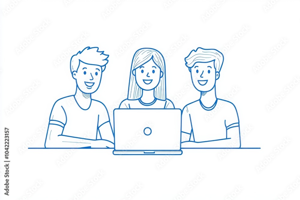 Three young people working together in the office, a simple flat illustration style with a white background and a blue color scheme Generative AI Three young people working together in the office, a simple flat illustration style with a white background and a blue color scheme Generative AI