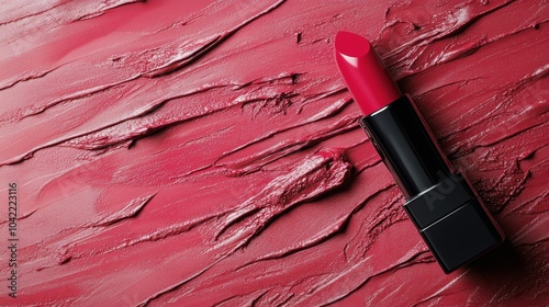 Bright pink lipstick on textured background with vibrant color and artistic p...