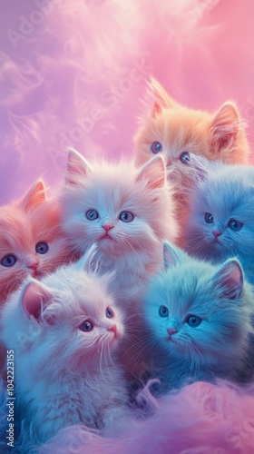 Group of fluffy kittens gazing upwards among colorful bubbles in a soft light...