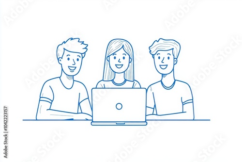 Three young people working together in the office, a simple flat illustration style with a white background and a blue color scheme Generative AI