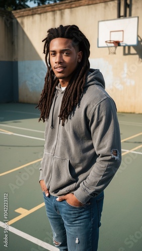 Young man with dreadlocks wearing a hoodie and jeans standing near a basketball court photo