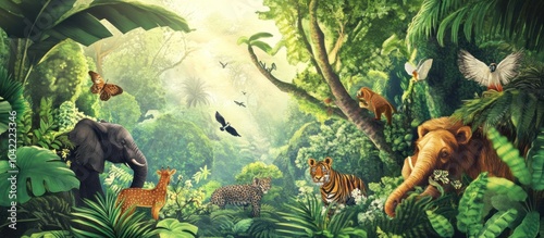 Fototapeta Naklejka Na Ścianę i Meble -  A vibrant jungle scene with lush foliage, diverse wildlife, and sunlight filtering through the canopy.