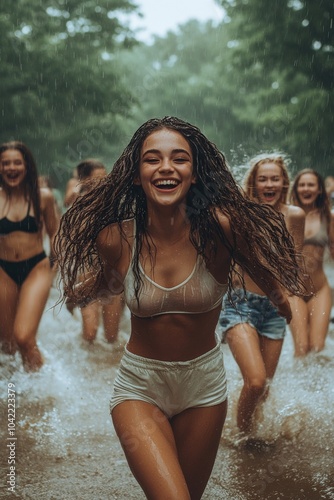Girls enjoying a summer day splashing water on each other in a vibrant city s...
