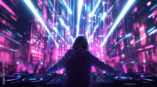 night club EDM party DJ mixing electronic music with turn table background